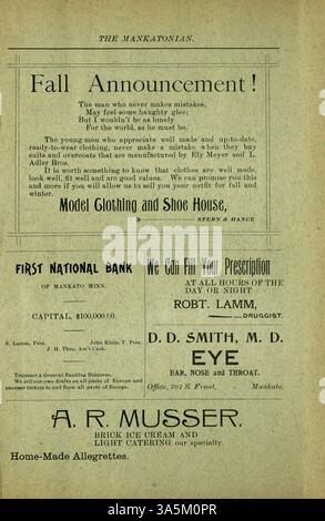 Das Mankatonian, ein monatliches Magazin der Mankato State Normal School, zeigte Gedichte, Zusammenfassungen der Schulaktivitäten und lokale Werbung. Sie wurde von 1891 bis 1913 veröffentlicht. Stockfoto