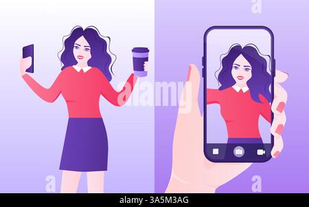 Mädchen, das Selfie für soziale Medien auf ihrem Smartphone macht. Selfie, tolles Design für jeden Zweck. Vektorgrafik des Smartphones. Flacher Vektorzeichen Stock Vektor