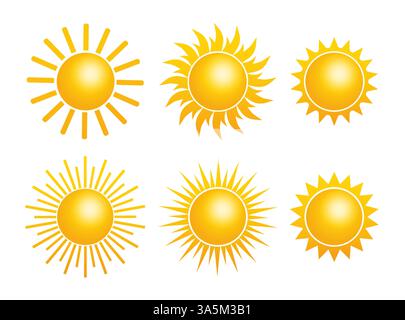 Flache gelbe Sonnensymbole auf weißem Hintergrund. Vektor flache Zeichentrickillustration. Stock Vektor