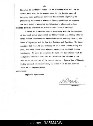 Protokoll von der Minneapolis Public Library Board of Directors-Sitzung im Jahr 1926, in der Entscheidungen und Aktivitäten des Vorstands dokumentiert werden. Stockfoto