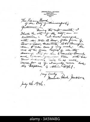 Protokoll der 1926 abgehaltenen Sitzungen des Verwaltungsrats der Minneapolis Public Library, in dem Entscheidungen über den Betrieb, die Richtlinien und die Governance der Bibliothek in diesem Jahr dokumentiert werden. Stockfoto