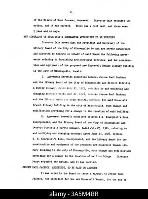 Protokoll des Verwaltungsrats der Minneapolis Public Library aus dem Jahr 1926, in dem wichtige Entscheidungen und die Entwicklung der Bibliotheksaktivitäten und -Richtlinien in diesem Jahr dokumentiert werden. Stockfoto