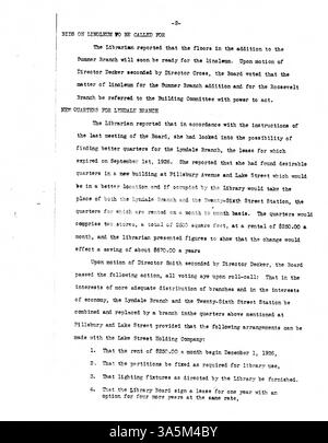 Protokoll der 1926 abgehaltenen Sitzungen des Verwaltungsrats der Minneapolis Public Library, in denen Entscheidungen über die Unternehmensführung und operative Strategien für die Bibliothek dokumentiert werden. Stockfoto