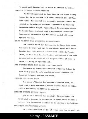 Offizielles Protokoll der Sitzungen des Verwaltungsrats der Minneapolis Public Library im Jahr 1926, in dem die Entscheidungen des Verwaltungsrats über die Verwaltung und den Betrieb der Bibliothek dokumentiert werden. Stockfoto