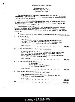 Minuten aus dem Jahr 1926, in denen die Entscheidungen des Verwaltungsrats der Minneapolis Public Library über Bibliotheksdienste, Richtlinien und Programme zur Öffentlichkeitsarbeit dokumentiert werden. Stockfoto