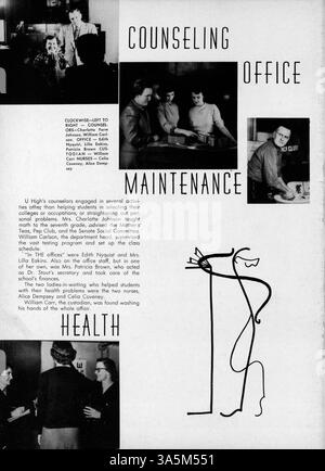 Dieses Jahrbuch „Bisbila 52“ der University High School beleuchtet das Leben von Studenten und Dozenten, einschließlich Clubs, Sport und bedeutenden Veranstaltungen des akademischen Jahres 1951-1952. Stockfoto