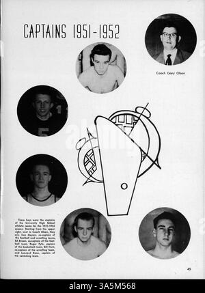 Das Jahrbuch „Bisbila 52“ der University High School deckt das akademische Jahr 1951-1952 ab und dokumentiert Studenten, Lehrer, Leichtathletik, Vereine, und Großveranstaltungen. Stockfoto