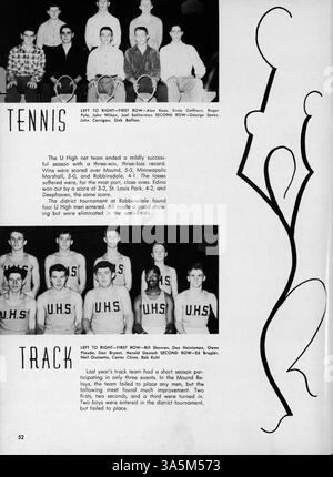 Dieses Jahrbuch der University High School, 'Bisbila '52', beschreibt das Schuljahr 1951-1952, einschließlich der Leistungen von Studenten, Dozenten, Leichtathletik und außerschulischen Clubs. Stockfoto