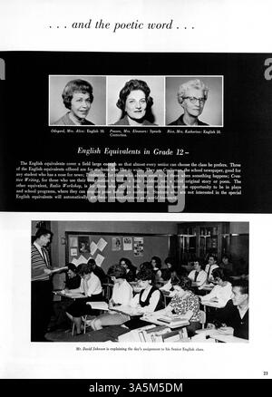 Dieses Jahrbuch 1963 von Tradewind dokumentiert das Schuljahr 1962-1963 und hebt das Engagement der Schüler in Vereinen, Leichtathletik und Akademikern hervor. Das Jahrbuch zeigt auch die Beiträge afroamerikanischer Schüler zur Gestaltung des akademischen und kulturellen Umfelds der Schule. Stockfoto