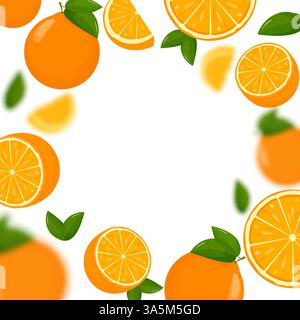 Orangen fallen aus verschiedenen Winkeln. Hintergrund: Orange Zitrusfrüchte. Fliegendes Orange mit grünem Blatt auf transparentem Hintergrund. Fokussierte und unscharfe Früchte Stock Vektor