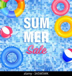 Sommer-Werbebanner mit aufblasbaren Ringen und Strandbällen, die auf einem Swimmingpool mit Mosaikfliesen und Palmenblättern schwimmen Stock Vektor