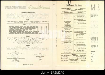 Dieses Menü aus Donaldson's Tea Rooms bietet Aquarellbilder von St. Anthony Falls und dem Geschäft, die einen Einblick in das kulinarische Erlebnis des frühen 20. Jahrhunderts geben. Das zweifach gefaltete Design bietet eine Auswahl an Mittagsgerichten und a la carte-Angeboten. Stockfoto