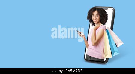 Einkäufer mit Smartphone-Shopping-Erlebnis im Online-Shop begeistern Stockfoto