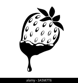 Erdbeersymbol mit Schokoladenüberzug. Süße Süßigkeiten tropfen schmelzende Schokolade auf eine saftige Erdbeere. Symbol für Lebensmittel mit schwarzer Tinte Stock Vektor