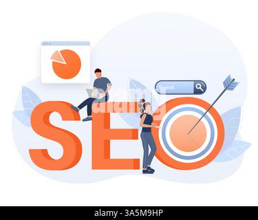 SEO-Optimierung, Webanalysen und seo-Marketing Social-Media-Konzept. Analyse und Überwachung von Geschäftsmitarbeitern auf dem Dashboard-Monitor für Webberichte Stock Vektor