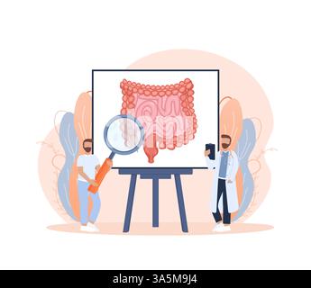 Illustration des Zeichentrickvektors. Flache Vektorillustration mit Därmen, Verdauungskonzept. Zeichen Stock Vektor