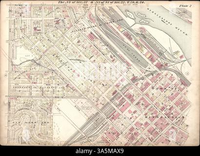 Der Atlas of Minneapolis in der Hennepin County Library bietet detaillierte Übersichten über Minneapolis Grundstücke, einschließlich Daten über Eisenbahnstrecken, Friedhöfe, Parks und Versorgungseinrichtungen wie Wasserleitungen und Abwasserkanäle. Stockfoto