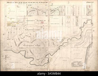 Dieser atlas bietet detaillierte Vermessungen und Plats von Grundstücken in Minneapolis, einschließlich Streckenabschnitten, Eisenbahnen, Straßenbahnlinien, Wasserleitungen, Kanalisation, Parks, Friedhöfe und Gebäude nach Bauart, zusammen mit einem Index von Unterteilungen und Ergänzungen. Stockfoto