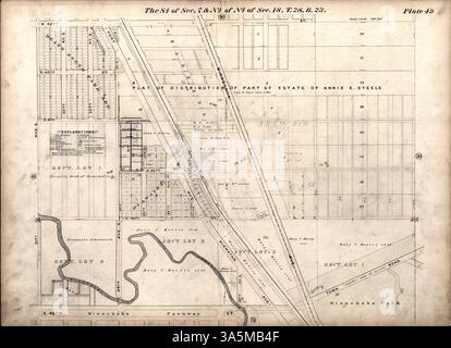 Dieser atlas bietet eine vollständige Reihe von Vermessungen und Plattformflächen von Minneapolis, einschließlich Streckenabschnitte, Straßenbahnlinien, Eisenbahnen, Wassersysteme, Parks, Kanalisation, Friedhöfe, Gebäude und Bauarten. Es enthält auch einen Index zu Hinzufügungen und Unterteilungen. Stockfoto