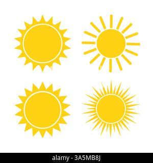 Flache gelbe Sonnensymbole auf weißem Hintergrund. Vektor flache Zeichentrickillustration. Stock Vektor
