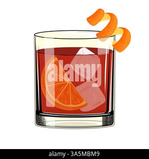 Negroni-Cocktail mit Eiswürfel und gedrehter Orangenscheibe. Klassisches alkoholisches Getränk. Retro-STYLE. Stock Vektor