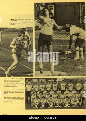 Das Jahrbuch „Sagamore: United We Stand“ 1983 fängt das Wesen des 1982-1983-jährigen Studiums der Roosevelt High School ein und dokumentiert das Leben der Schüler, die Lehrkräfte, die Vereine, die Leichtathletik, und wichtige Ereignisse. Stockfoto
