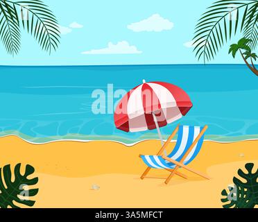 Sonnenschirm und Liegestühle unter Palmen an einem tropischen Strand Stock Vektor