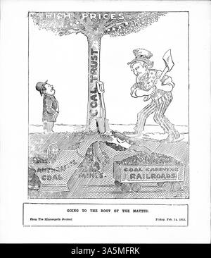 Ein politischer Zeichentrick aus der Minneapolis Tribune zeigt, wie Onkel Sam sich darauf vorbereitet, die Wurzeln des Coal Trust-Baums zu schneiden. Die Wurzeln repräsentieren Kohlebergwerke, Eisenbahnen und Anthrazitkohle, verbunden mit hohen Kohlepreisen. Das Image spiegelt laufende rechtliche Schritte gegen die Kohleindustrie wider, weil sie gegen Kartellgesetze gemäß dem Sherman Act verstoßen hat, insbesondere gegen den „Hard Coal“ Trust. Stockfoto