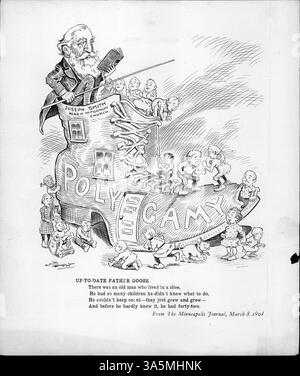 Dieser Zeichentrick zeigt Joseph F. Smith, den Führer der Kirche Jesu Christi der Heiligen der Letzten Tage, in einem Schuh mit der Bezeichnung „Polygamie“ mit 42 Kindern und kommentiert seine umstrittene Vergangenheit und Haltung zur Polygamie. Stockfoto