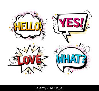 Comic-Sprechblasen mit verschiedenen Emotionen und Text Hallo, Liebe, Was, Ja. Illustration im Pop-Stil Stock Vektor