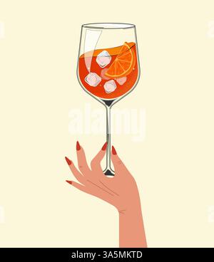 Aperol Spritz Cocktail im Glas mit der Hand. Handgezogenes Alkoholgetränk mit Orangenscheibe und Eis. Retro-STYLE. Vektorabbildung Stock Vektor