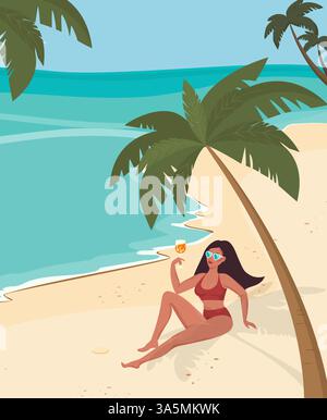 Wunderschöne junge Frau, die sich an einem tropischen Strand entspannt und einen Cocktail hält Stock Vektor
