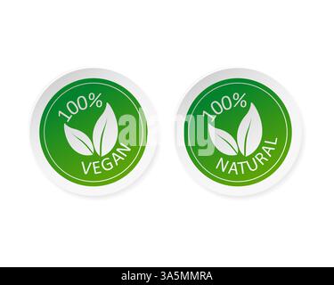 Grüne natürliche und vegane Aufkleber im flachen Stil. Vektorabbildung. Stock Vektor