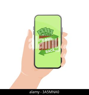 Cashback-Konzept mit der Hand des Smartphones. Vektorillustration für mobile Internettechnologie. Konzeptbanner. Stock Vektor