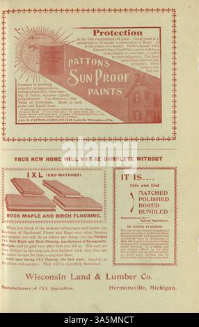 Keith's Home-Builder Magazine, das 1899 monatlich von Walter J. Keith veröffentlicht wurde, bietet detaillierte Hausentwürfe, darunter Grundrisse, Kosten und Architekturstile. Die Ausgaben enthalten Artikel über Wohnbau, Innenarchitektur und Landschaftsgestaltung sowie Werbung für Möbel und Baumaterialien. Einige Themen umfassen auch Pläne für Schulen, Kirchen und andere Gebäude. Stockfoto
