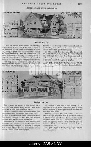 Keith's Home-Builder, 1899, herausgegeben von Walter J. Keith, zeigt eine Vielzahl von architektonischen Entwürfen für Häuser und öffentliche Gebäude. Jede Ausgabe präsentiert Bauabschätzungen, detaillierte Grundrisse und Artikel über Wohngebäude, Inneneinrichtung und Landschaftsgestaltung sowie Werbung für verwandte Produkte. Stockfoto