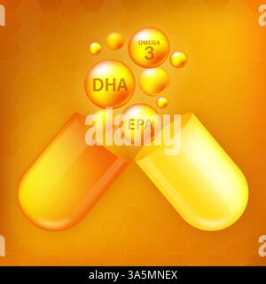 EPA, DHA Vector Drops Set. Chemische Formel. Glänzender goldener Substanztropfen. Stock Vektor