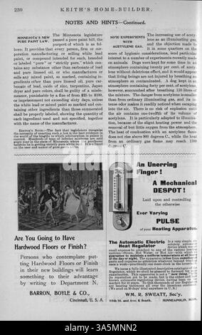 Diese Sammlung von elf Ausgaben von Keith's Home-Builder (fehlender Februar) zeigt Entwürfe, Illustrationen und Grundrisse für Häuser in verschiedenen Stilen aus dem Jahr 1899. Das Magazin, das vom Minneapolis-Architekten Walter J. Keith herausgegeben wurde, bietet detaillierte Beschreibungen und Baukosten sowie Artikel über Wohnbau, Inneneinrichtung, Landschaftsgestaltung und Werbung für Möbel und Baumaterialien. Stockfoto
