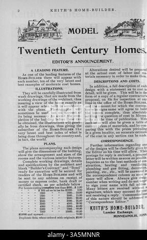 Die 1899 erschienene Publikation Keith’s Home-Builder, herausgegeben von Walter J. Keith, präsentiert Wohnentwürfe mit Grundrissen, Baukosten und Gebäudedetails. Das Magazin enthält Artikel über Inneneinrichtung, Landschaftsgestaltung und die Auswahl von Materialien für den Wohnungsbau. Werbung für Baumaterialien und Wohnmöbel erscheint durchgehend. Einige Ausgaben enthalten architektonische Pläne für Kirchen und Schulen. Stockfoto