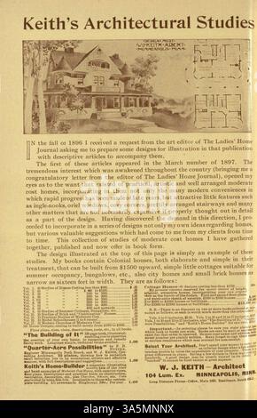 1899 veröffentlichte der Architekt Walter J. Keith Keith’s Home-Builder, eine Zeitschrift mit Hausentwürfen, Grundrissen, Baudetails und Kosten. Zu den Themen gehören Artikel über Wohnkultur, Landschaftsgestaltung und Werbung für Baumaterialien und Möbel. Einige Ausgaben bieten Pläne für Schulen, Kirchen und andere Gebäude. Stockfoto