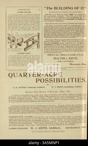 Walter J. Keith's Home-Builder (1899) bietet Einblicke in die Architektur, mit Bauplänen, Baukosten und Bauartikeln. Das Magazin enthält detaillierte Illustrationen, Fotografien und Grundrisse in verschiedenen Architekturstilen. Zu den weiteren Merkmalen gehören Werbung für Wohnmöbel und Tipps zur Landschaftsgestaltung. Einige Themen konzentrieren sich auf die Gestaltung von Kirchen und Schulen. Stockfoto