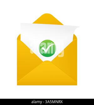 Flache Ja-Markierung für Papierdesign. Illustration der Vektorabwicklung. Vektorgrafik des Symbols für E-Mail-Umschläge. Symbol „erfolgreich“. Stock Vektor