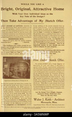 Keith's Home-Builder, veröffentlicht 1899 von Walter J. Keith, umfasste Hausentwürfe mit Grundrissen, Illustrationen und Kostenaufteilungen. Es stellte auch Artikel über Wohndekoration, Innenarchitektur und Landschaftsgestaltung sowie Werbung für Wohnmöbel und Baumaterialien zur Verfügung. Einige Ausgaben enthielten Pläne für Schulen und Kirchen. Stockfoto