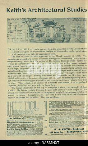 Keith’s Home-Builder-Magazin, herausgegeben von Walter J. Keith im Jahr 1899, enthielt Hausentwürfe, Grundrisse und Kostenschätzungen. Die Publikation enthielt Artikel über Inneneinrichtung, Landschaftsgestaltung und Werbung für Wohnmöbel. Einige Ausgaben enthielten Baupläne für Schulen, Kirchen und andere öffentliche Strukturen. Stockfoto