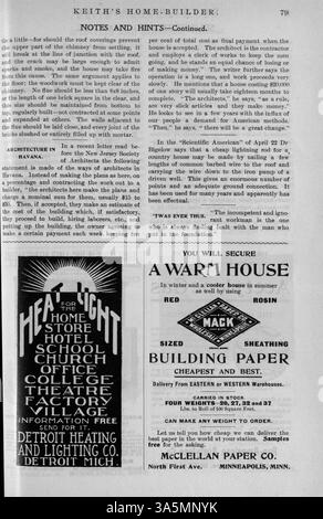 Keith's Home-Builder (1899), herausgegeben von Walter J. Keith, zeigt Gebäudepläne, detaillierte Grundrisse und Kostenschätzungen. Das Magazin enthält Artikel über Wohnbau, Inneneinrichtung und Landschaftsgestaltung sowie Werbung für Baumaterialien und Wohnmöbel. Zu den Themen gehören Pläne für Kirchen und Schulen. Stockfoto