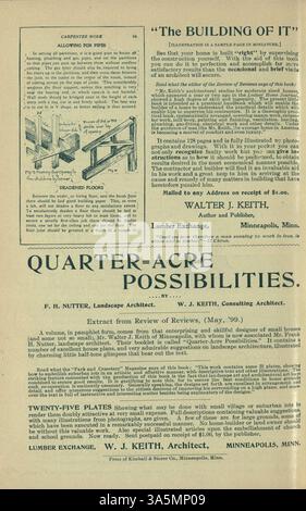 Keith's Home-Builder, herausgegeben von Walter J. Keith im Jahr 1899, liefert Hausentwurfpläne, Grundrisse und Kostenschätzungen. Das Magazin enthält Artikel über Wohnbau, Inneneinrichtung und Landschaftsgestaltung sowie Werbung für Wohnmöbel, Baumaterialien und Accessoires. Einige Ausgaben enthalten Pläne für Kirchen und Schulen. Stockfoto