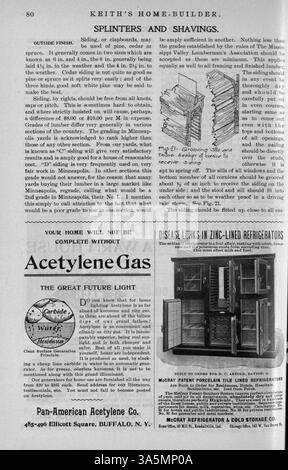 Keith's Home-Builder (1899), herausgegeben von Walter J. Keith, liefert Hausentwürfe mit Grundrissen, Kostenschätzungen und detaillierten Beschreibungen. Das Magazin enthält Artikel über Wohnbau, Inneneinrichtung und Landschaftsgestaltung sowie Werbung für Wohnmöbel und Baumaterialien. Zu den Themen gehören Pläne für Kirchen und Schulen. Stockfoto