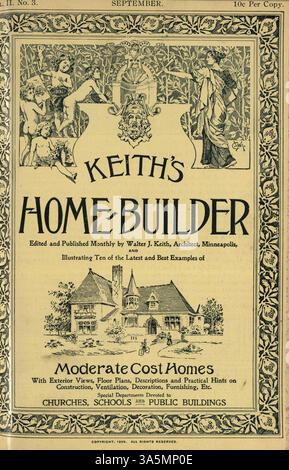 Keith's Home-Builder, herausgegeben von Walter J. Keith im Jahr 1899, enthält Pläne für Hausgestaltung, Grundrisse und Kostenschätzungen. Das Magazin enthält Artikel über Wohnbau, Inneneinrichtung und Landschaftsgestaltung sowie Werbung für Baumaterialien und Wohnmöbel. Zu den Themen gehören Pläne für Kirchen und Schulen. Stockfoto