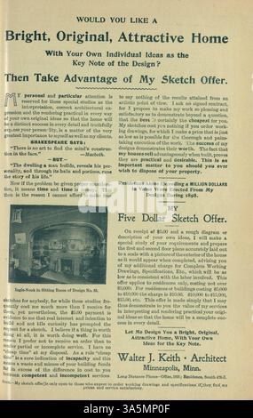 Keith's Home-Builder (1899), herausgegeben von Walter J. Keith, zeigt detaillierte Gebäudepläne mit Grundrissen und Kostenschätzungen. Das Magazin enthält Artikel über Wohnbau, Inneneinrichtung und Landschaftsgestaltung sowie Werbung für Wohnmöbel und Baumaterialien. Einige Ausgaben enthalten Pläne für Kirchen und Schulen. Stockfoto