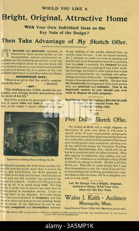 1899 bot Keith's Home-Builder Magazine, herausgegeben von Walter J. Keith, elf monatliche Ausgaben mit verschiedenen Hausentwürfen an, die detaillierte Pläne und Kostenschätzungen enthielten. Jede Ausgabe enthielt Artikel über Wohnbau, Innenarchitektur und Landschaftsgestaltung. Ebenfalls enthalten waren Werbung für Wohnmöbel und Baumaterialien sowie Pläne für Schulen, Kirchen und andere Gebäudetypen. Stockfoto